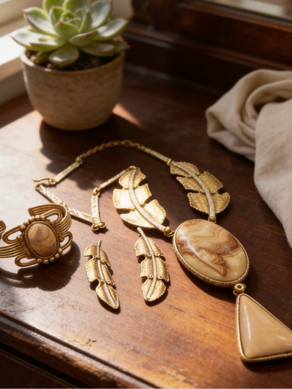 Vintage Brass Leaf Pendant Necklace, Bracelet & Earring Set w/ Beige Agate-IXEL